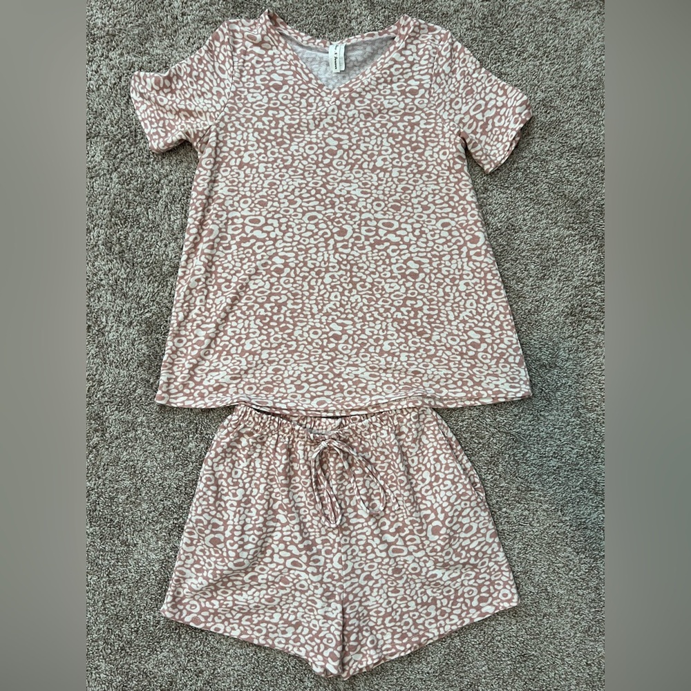 Leopard Print V-Neck Pajama Top and Shorts Set